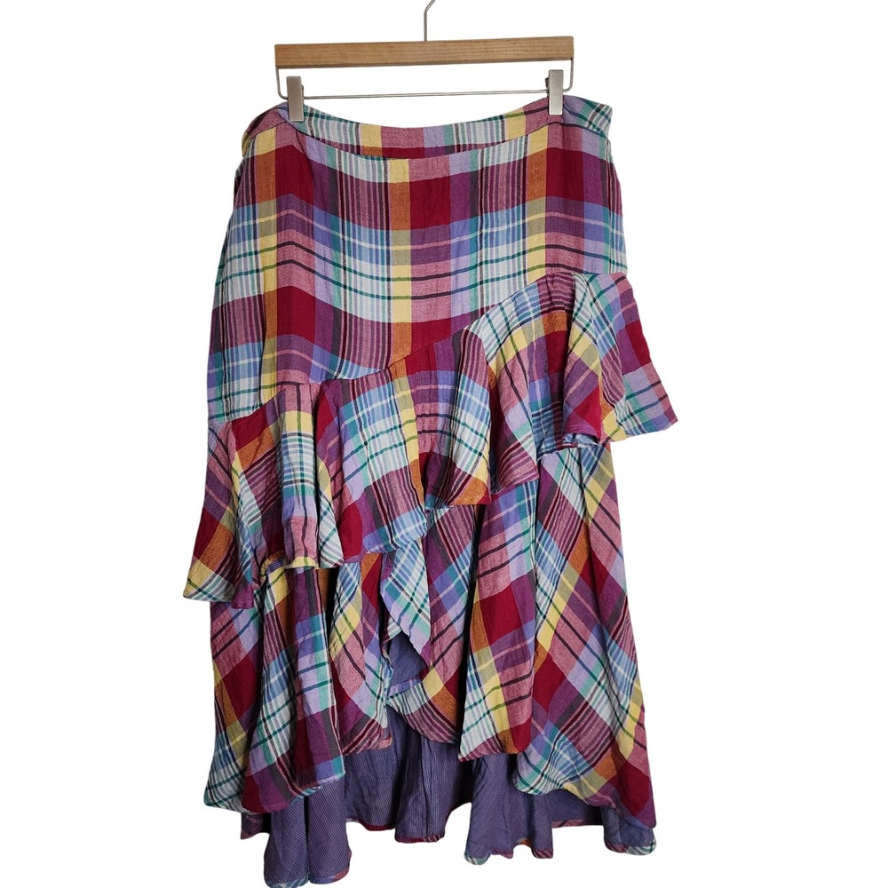 Sundance Plaid Skirt Womens XL Multicolor Tiered Ruffle Asymmetrical Midi